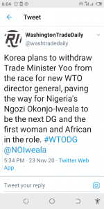 WTO, South Korea, Withdraw Candidate, Okonjo-Iweala, DG