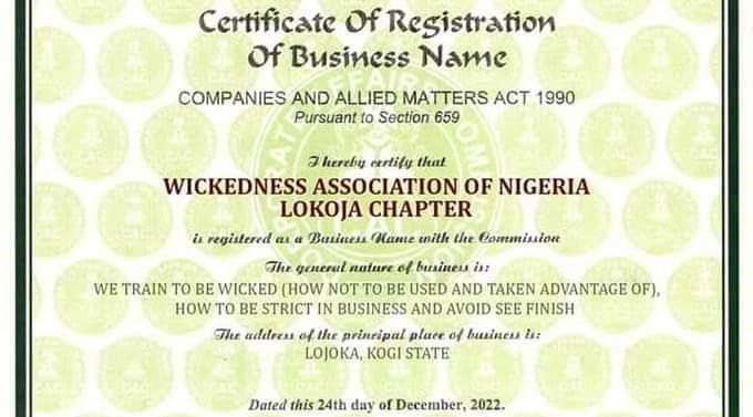 Wickedness Association of Nigeria, CAC, certificate, fake, false, fraudulent 